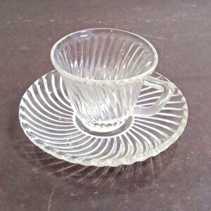 Vintage Federal Glass "DIANA" Swirl Clear Demitasse Coffee / Tea Cup and Saucer